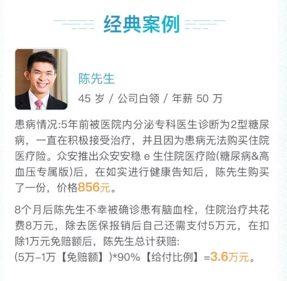 眾安安穩(wěn)e生住院醫(yī)療險(xiǎn)（糖尿病和高血壓專(zhuān)屬版）案例介紹